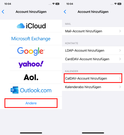 Screenshot: hinzufügen CalDAV-Account