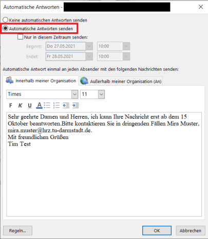 Screenshot: Abwesenheitsbenachrichtigung in Outlook einstellen