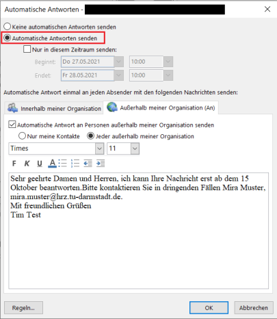 Screenshot: Abwesenheitsbenachrichtigung in Outlook einstellen