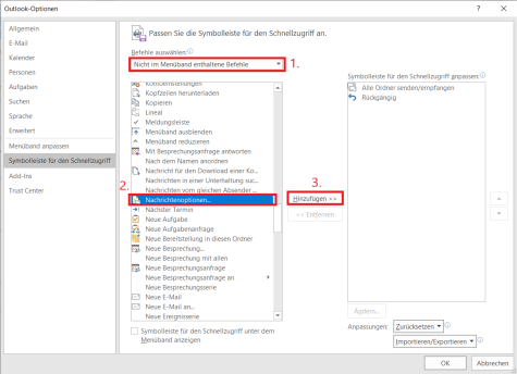 Screenshot: Nachrichtenoptionen in Outlook hinzufügen
