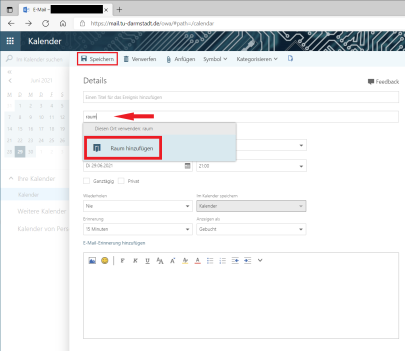 Screenshot: Raumressourcen im Outlook Webinterface (OWA) hinzufügen