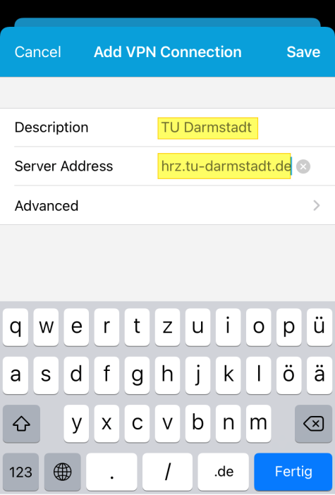 Eingabe Bezeichnung der VPN Verbindung und der Serveradresse