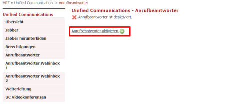 Screenshot: UC-Portal Anrufbeantworter aktivieren