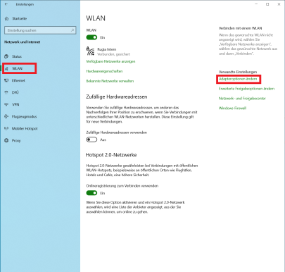 Screenshot: WLAN Einstellungen
