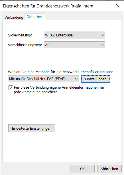 Screenshot WLAN Sicherheitseinstellungen